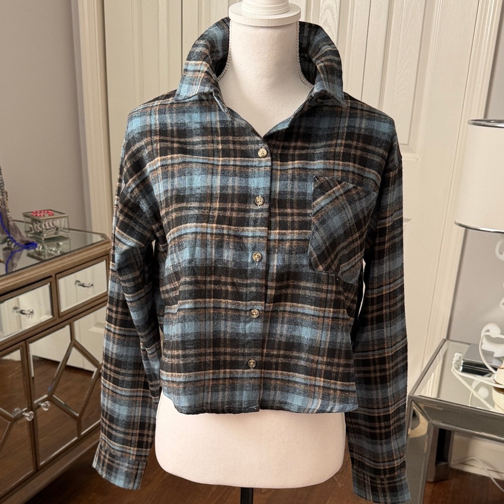 Plaid Button-Up Shirt Short & Boxy with Longer Tail Back, Soft Linen-Like Medium